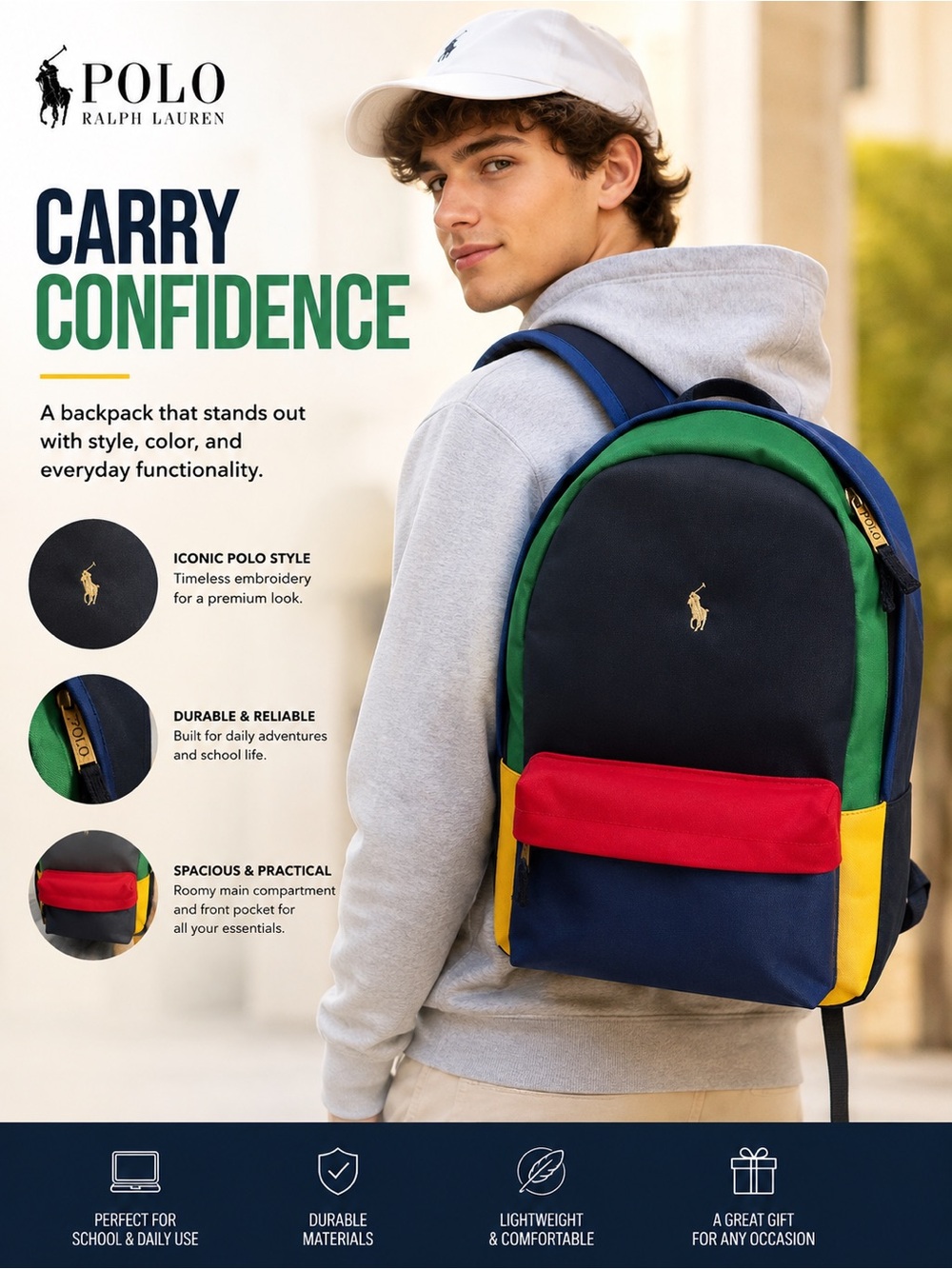 Polo by Ralph Lauren Navy, Green, Red & Yellow Colorblock Backpack